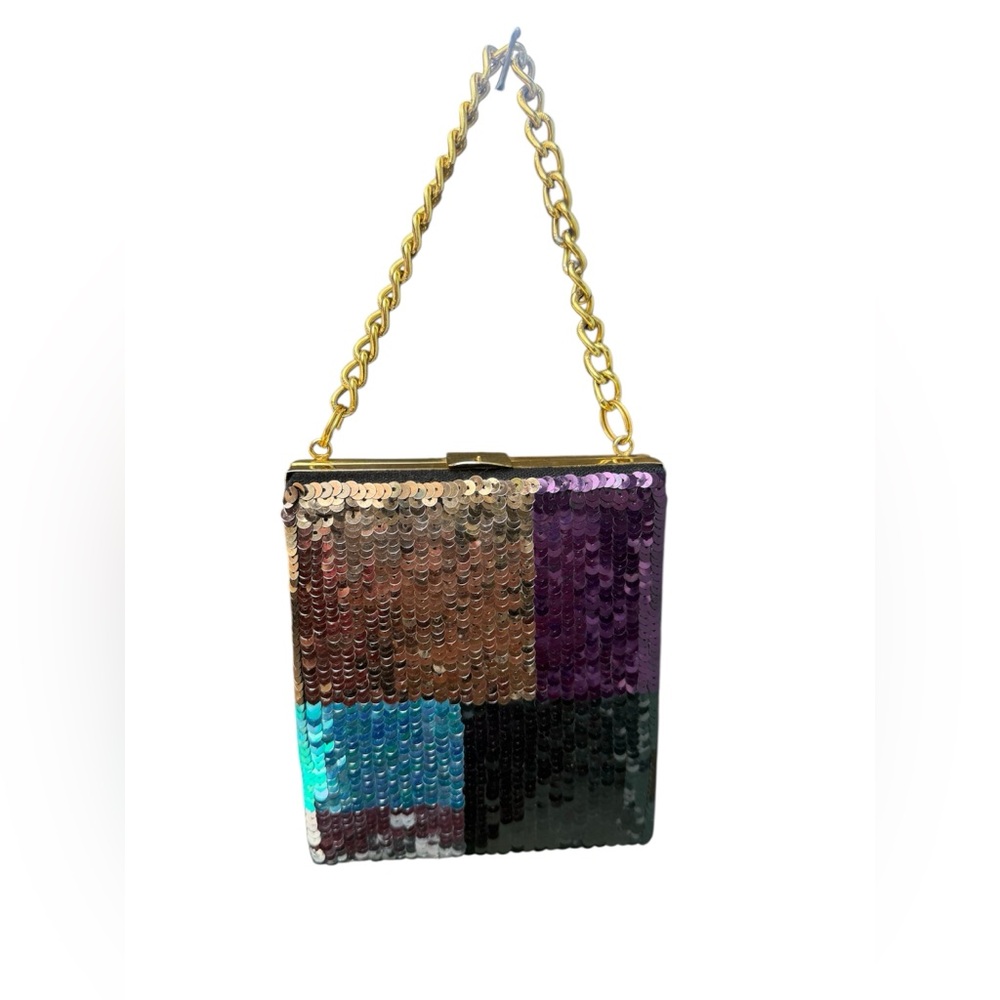Megan Park England Multi-Color Sequin Hard Case Clutch Bag Gold Chain Strap